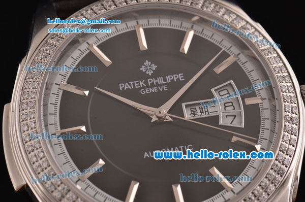 Patek Philippe Calatrava Swiss ETA 2824 Automatic Steel Case Diamond Bezel with Black Leather Strap Black Dial Stick Markers - Click Image to Close